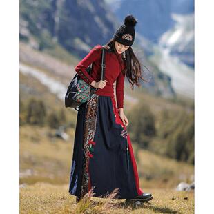 超长半身裙女2025新春民族风文艺长款及踝松紧腰拼接秋冬棉麻长裙
