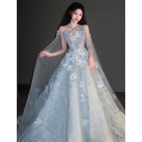 蓝色花朵超仙晚礼服女轻奢小众高端生日party订婚新娘敬酒服婚纱