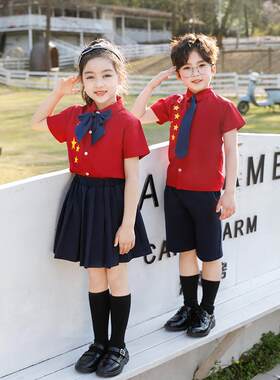 幼儿园园服夏装短袖套装红色中国风夏季班服毕业服小学生表演校服