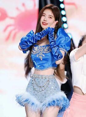 鞠婧祎同款演出服重工钉钻蓝色舞蹈服爵士打歌服舞台装表演服女