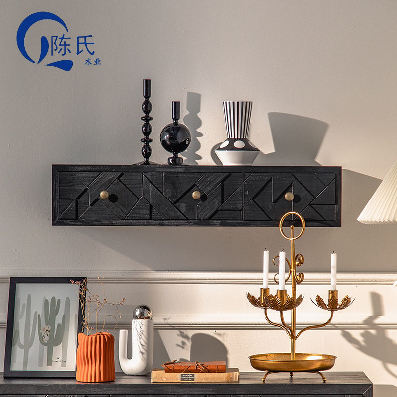 复古简约书架客厅卧室摆件收纳装饰架置物架墙上实木展示陈列架