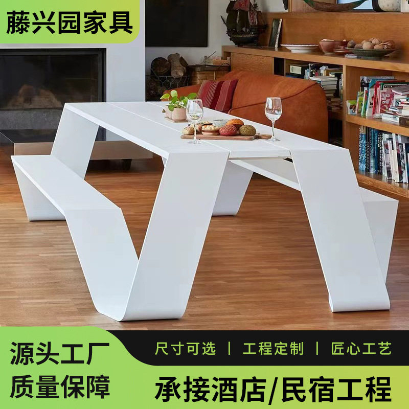 户外铝合金休闲桌椅庭院露台花园连体长凳室外公园外摆长椅餐桌