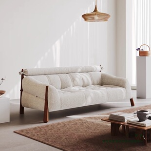 中古奶油风设计师创意实木布艺直排沙发高靠背复古白蜡木三人沙发