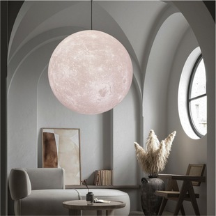 3D月球吊灯创意浪漫餐厅吊灯轻奢艺术温馨卧室床头灯星球装饰灯具