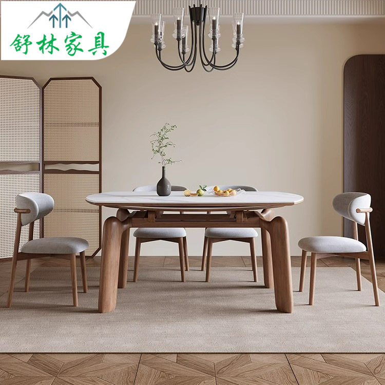 小户型奶油风橡木岩板伸缩餐桌