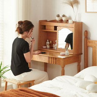 北欧全实木梳妆台小户型卧室家具日式复古型樱桃木化妆桌一体靠墙