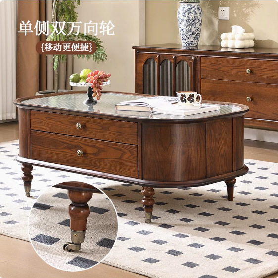 中古风复古实木茶几家用客厅法式双门储物收纳玻璃茶桌小户型茶几