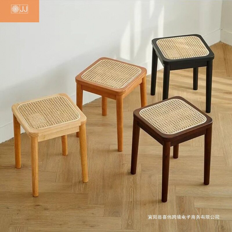 日式风实木凳子可叠放藤编方凳餐凳客厅家用小户型休闲凳简约凳子