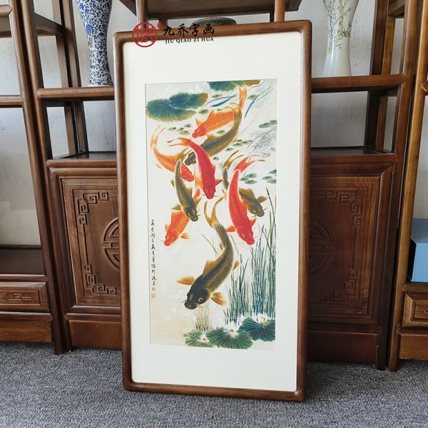 高档饭店过道竖版挂画的寓意好走廊壁画九鱼图荷花入户玄关装饰画图片