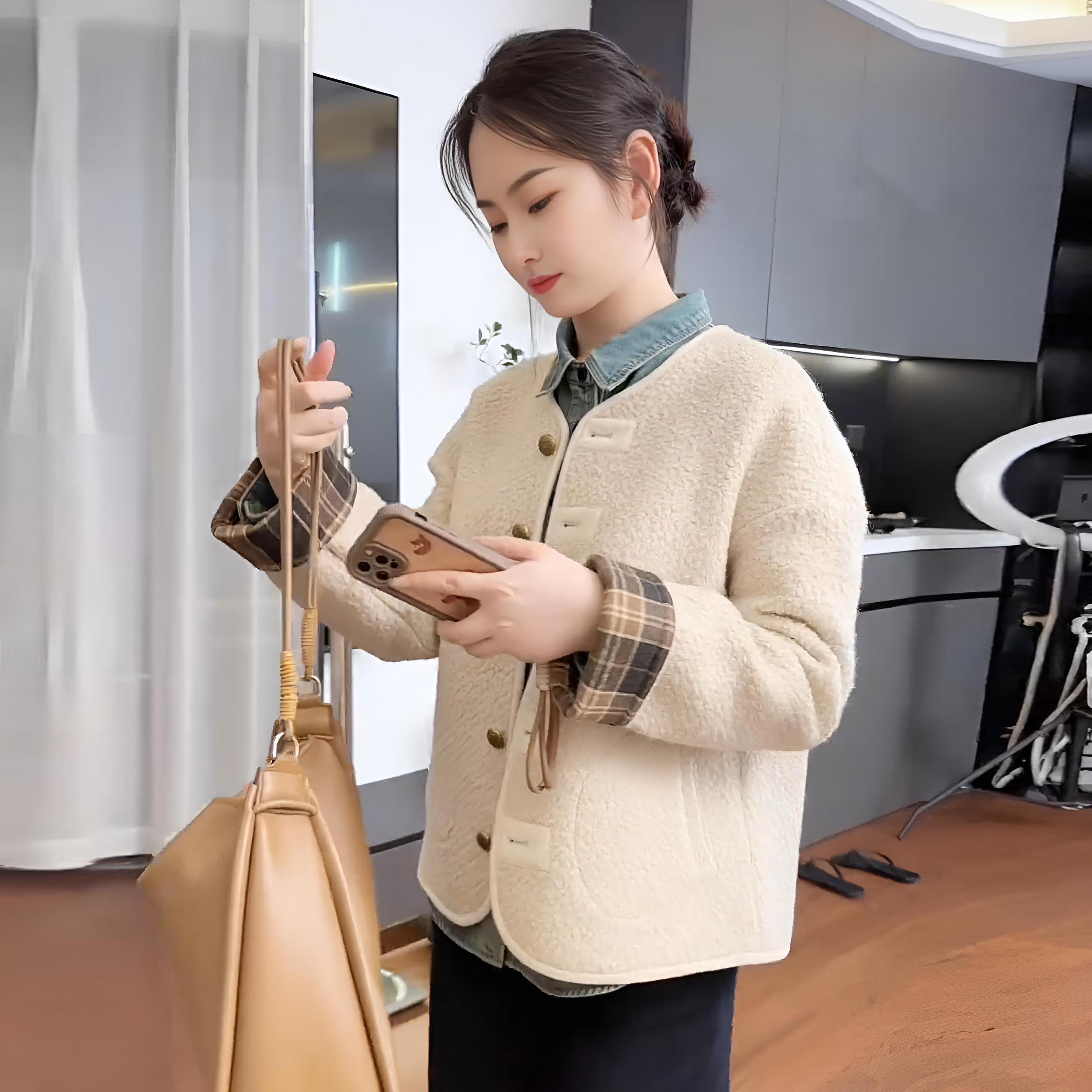 撞色格子羊羔毛短外套女