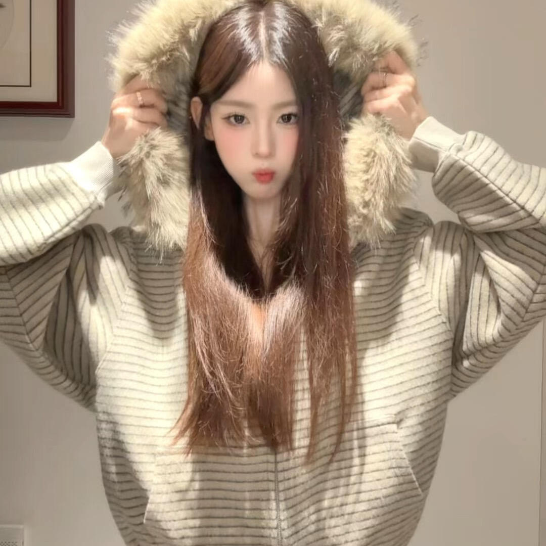 韩系毛领连帽毛衣外套女秋冬季时尚宽松百搭慵懒卫衣针织开衫上衣