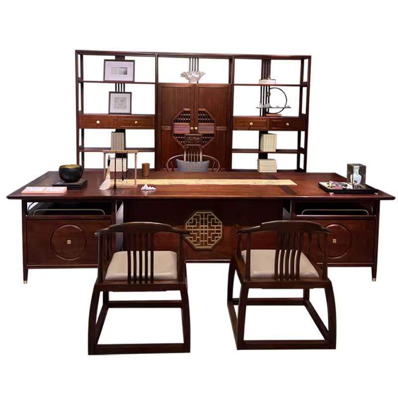 新中式办公桌老板桌书柜组合全实木董事长办公总裁高档大班台家具