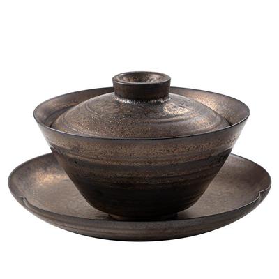 鎏金手作薄胎三才盖碗茶杯家用待客陶瓷复古泡茶碗功夫茶具分茶器