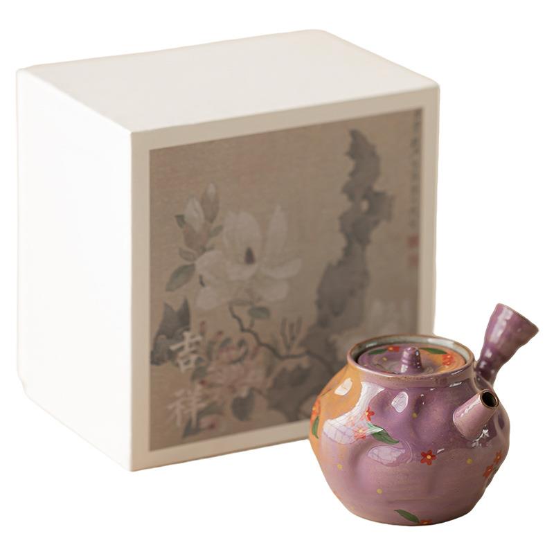 粉引丁香紫手绘小花侧把壶复古陶瓷泡茶壶家用过滤单壶茶具礼盒装