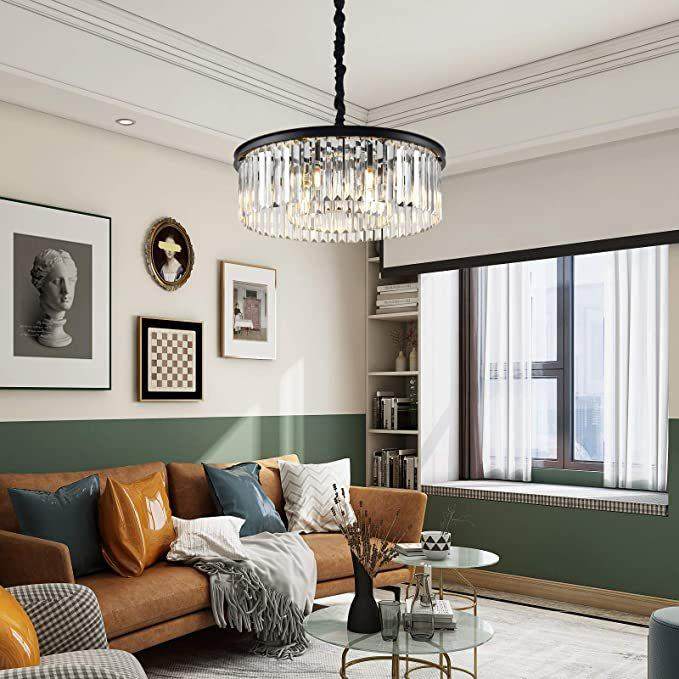 美式黑色铁艺水晶吊灯客厅灯圆形餐厅灯书房卧室灯透明色水晶灯,家装灯饰光源,智能吊灯,淘宝优惠券,粉丝福利购,淘宝优惠卷