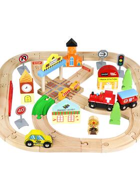 60P火车木制轨道拼装玩具火车轨道玩具儿童礼物E21C19