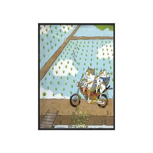 日韩卡通猫咪浮世绘装饰画可爱小动物逛街生活趣闻版画客厅卧室画