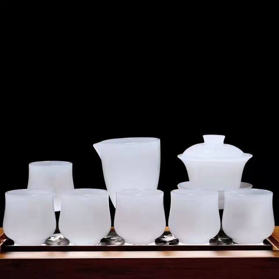 天然玉石盖碗杯子茶杯公道杯新款泡茶茶具套装送礼家用茶具全套