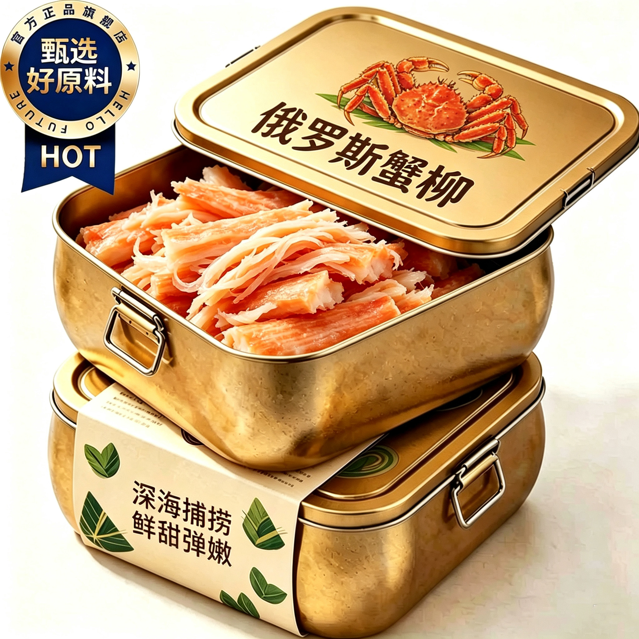 俄罗斯进口蟹柳肉罐头帝王蟹腿开盖即食海鲜零食熟食寿司炒饭海味图片