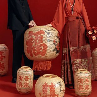 摄影道具竹编中式古风灯笼油纸彷古结婚喜字灯笼装饰定制纸灯笼