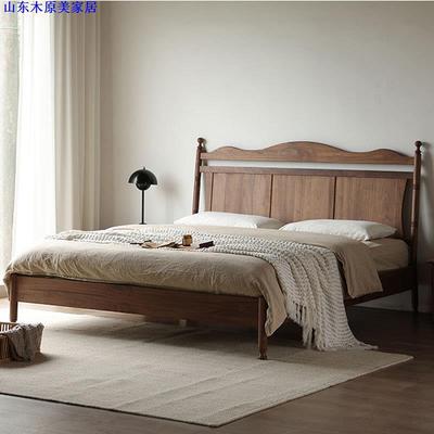 北欧实木黑胡桃木双人床美式复古主卧原木樱桃木1.8m婚床