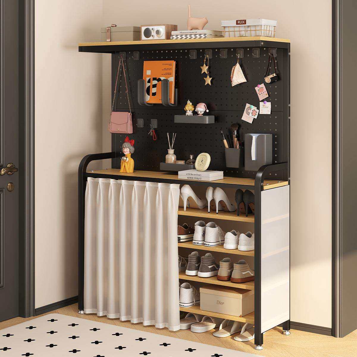 鞋架多层家用门口入户门后玄关洞洞板置物挂衣架一体收纳防尘遮挡