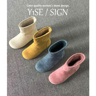 加绒磨砂短靴 厚底保暖棉鞋 真皮版 内增高毛毛雪地靴女冬2025新款