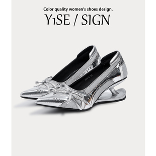 设计感小众银色异形跟高跟鞋女2026春季新款网面透气尖头气质单鞋
