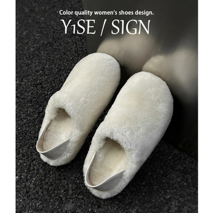 白色加绒毛毛勃肯鞋全包女冬外穿2025新款一脚蹬棉鞋厚底深口单鞋