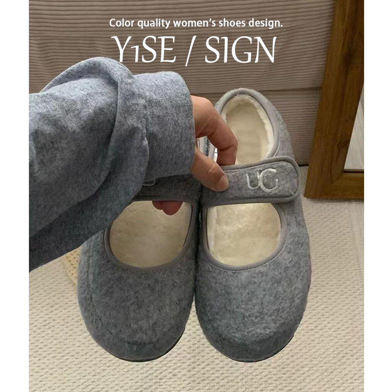 灰色魔术贴玛丽珍毛毛鞋女外穿