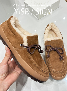 真牛皮！加绒厚底老钱风乐福鞋女冬季外穿保暖棉鞋蝴蝶结毛毛单鞋