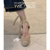 10cm渔夫鞋 波西米亚风绑带包头坡跟高跟鞋 女夏草编织厚底罗马凉鞋