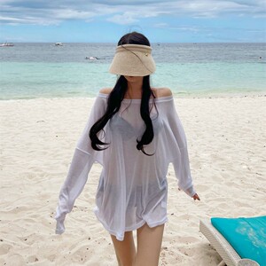 泳衣搭配防晒罩衫衣服女夏季宽松防紫外线冰丝薄款长袖t恤ins上衣