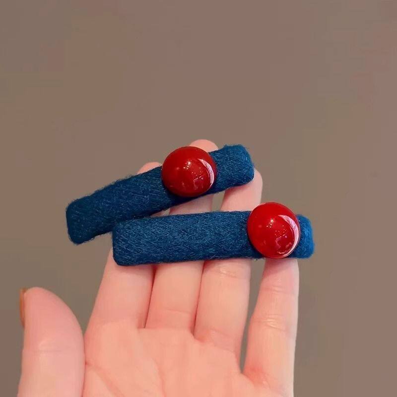 新款蓝色撞色红珠子发夹