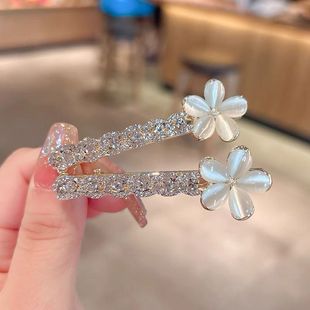 小巧精致仿猫眼花朵鸭嘴夹奢华奢侈高端水钻一字夹侧边刘海发夹女