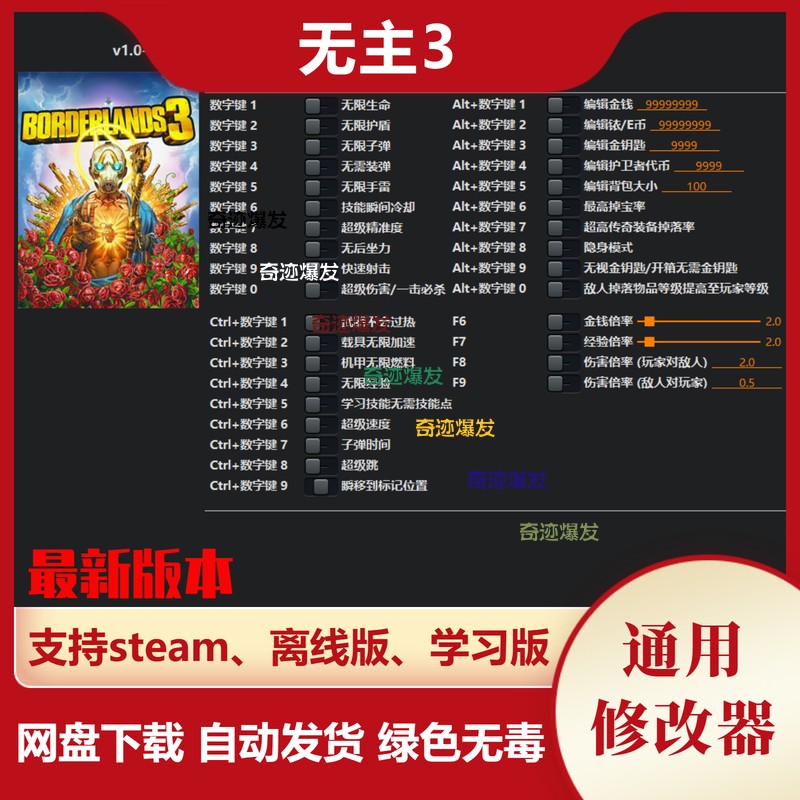 无主之地3 修改器 steam 电脑辅助教程不含游戏开箱无需金钥匙