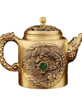 复古龙凤转转宝石茶壶仿古做旧铜器装饰品摆件