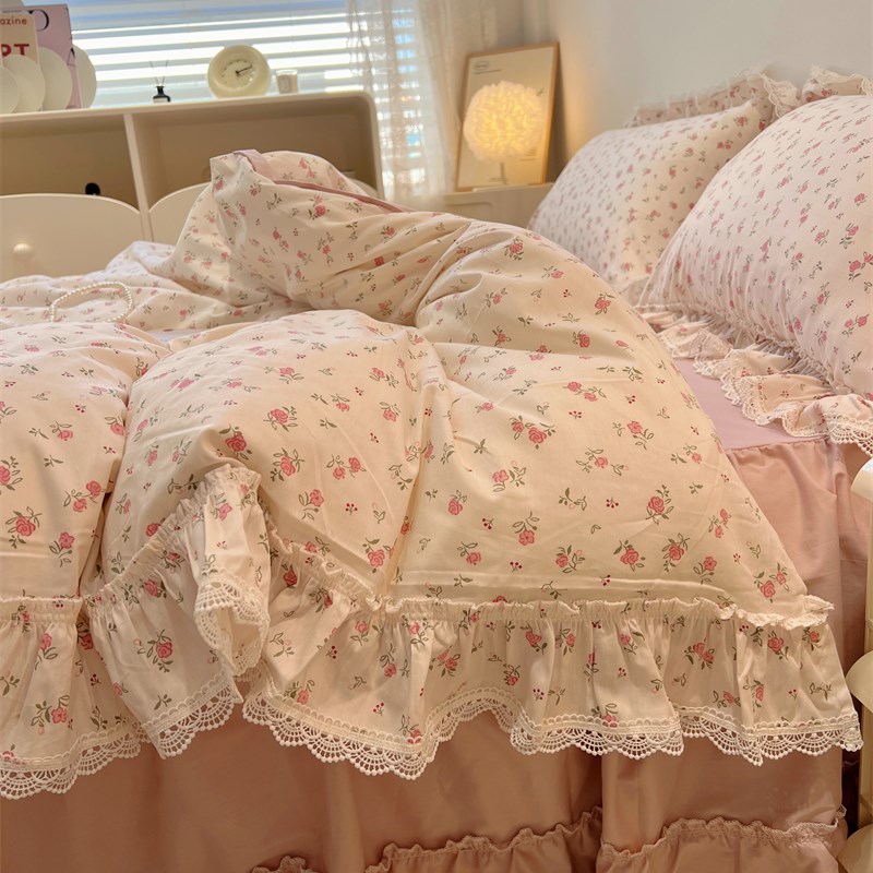 公主风全棉荷叶边四件套荷叶边亲肤少女纯棉被套1.5m1.8米床品