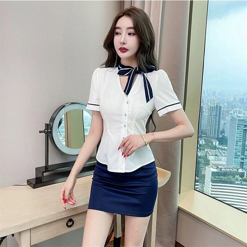 足浴桑拿技师工作服女2024职业套装包裙夏季短袖衬衫酒店前台制服