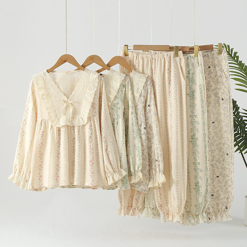 韩版宫廷公主风睡衣女春秋季水洗棉质双层纱布长袖可爱套装家居服