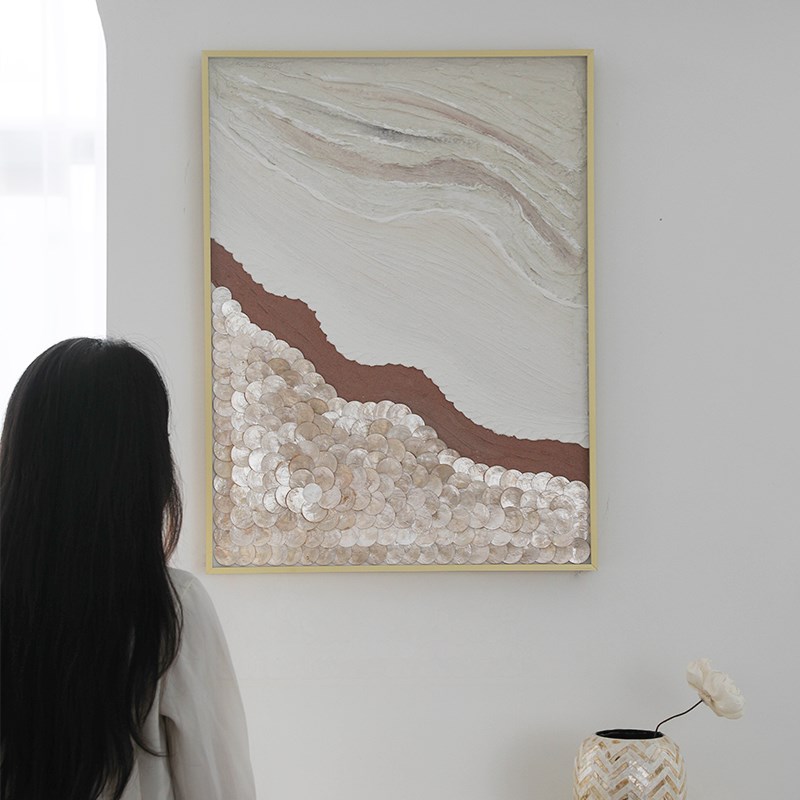 速发高级感欧式贝壳装饰画轻奢石英砂手绘油画酒店玄关餐厅双联壁图片