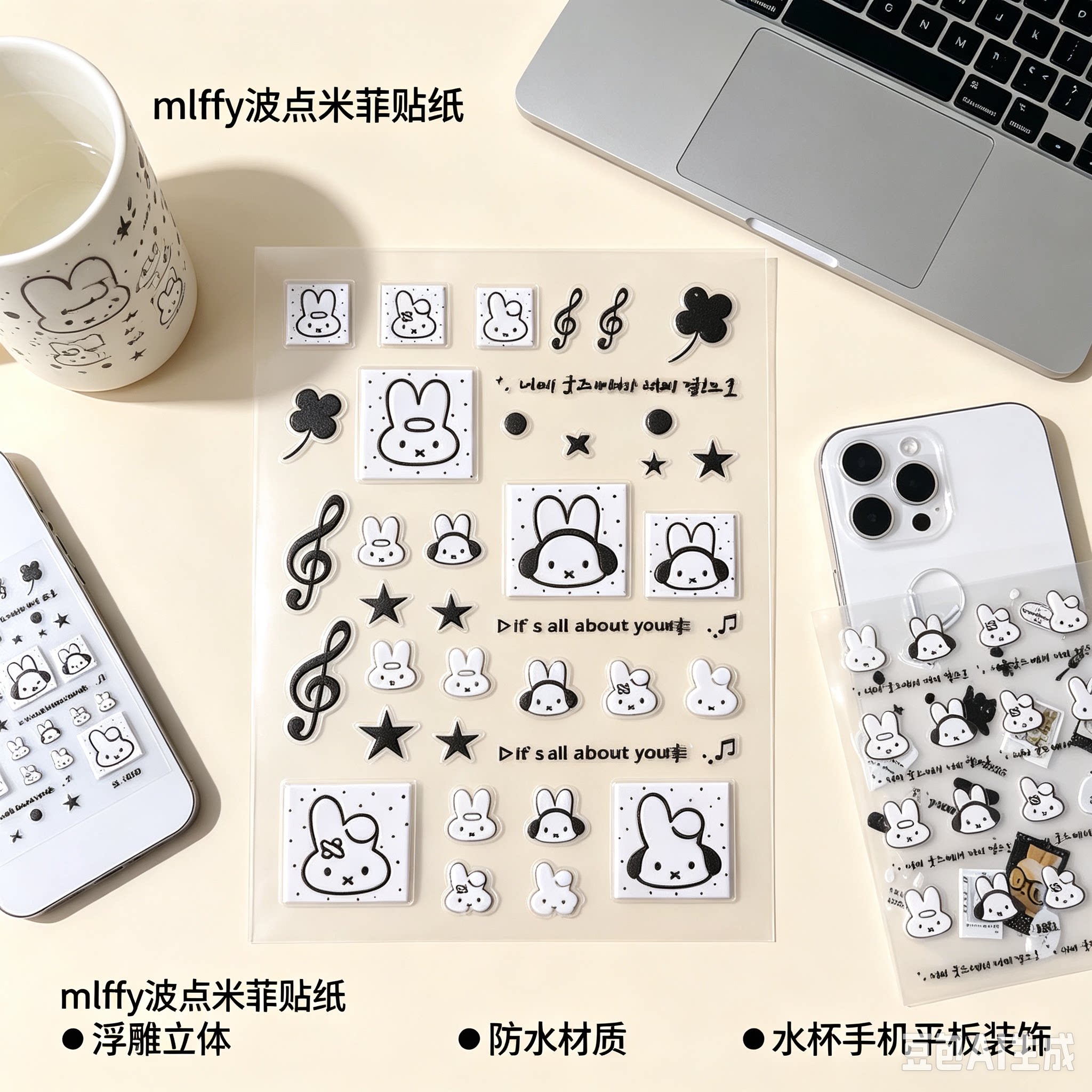 米菲兔贴纸可爱卡通兔子头像手账素材装饰贴画diy手机壳ipad贴纸