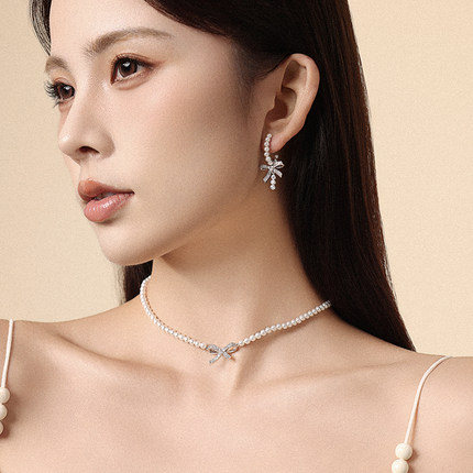 OKDK 原创绮丽之结珍珠贝珠项链女简约百搭锁骨链蝴蝶结挂坠配饰