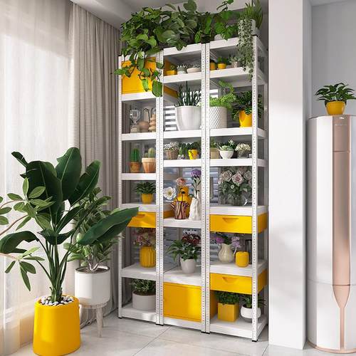 白碳素钢七层家庭阳台储物架，黄色抽屉柜门加高杂物花架储物架T1