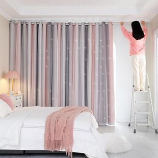 儿童房女孩房间窗帘免打孔安装卧室遮光女生网红双层带纱布纱一体