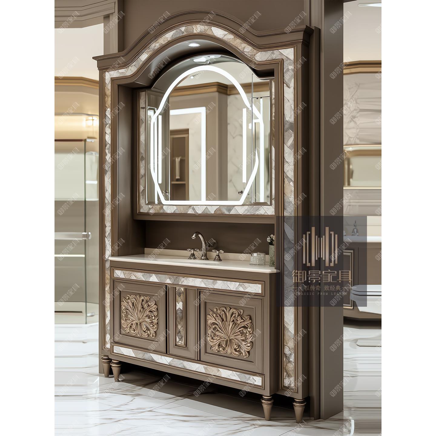 欧式实木浴室柜法式古典雕花卫浴柜卫生间洗漱台洗手盆柜组合定制