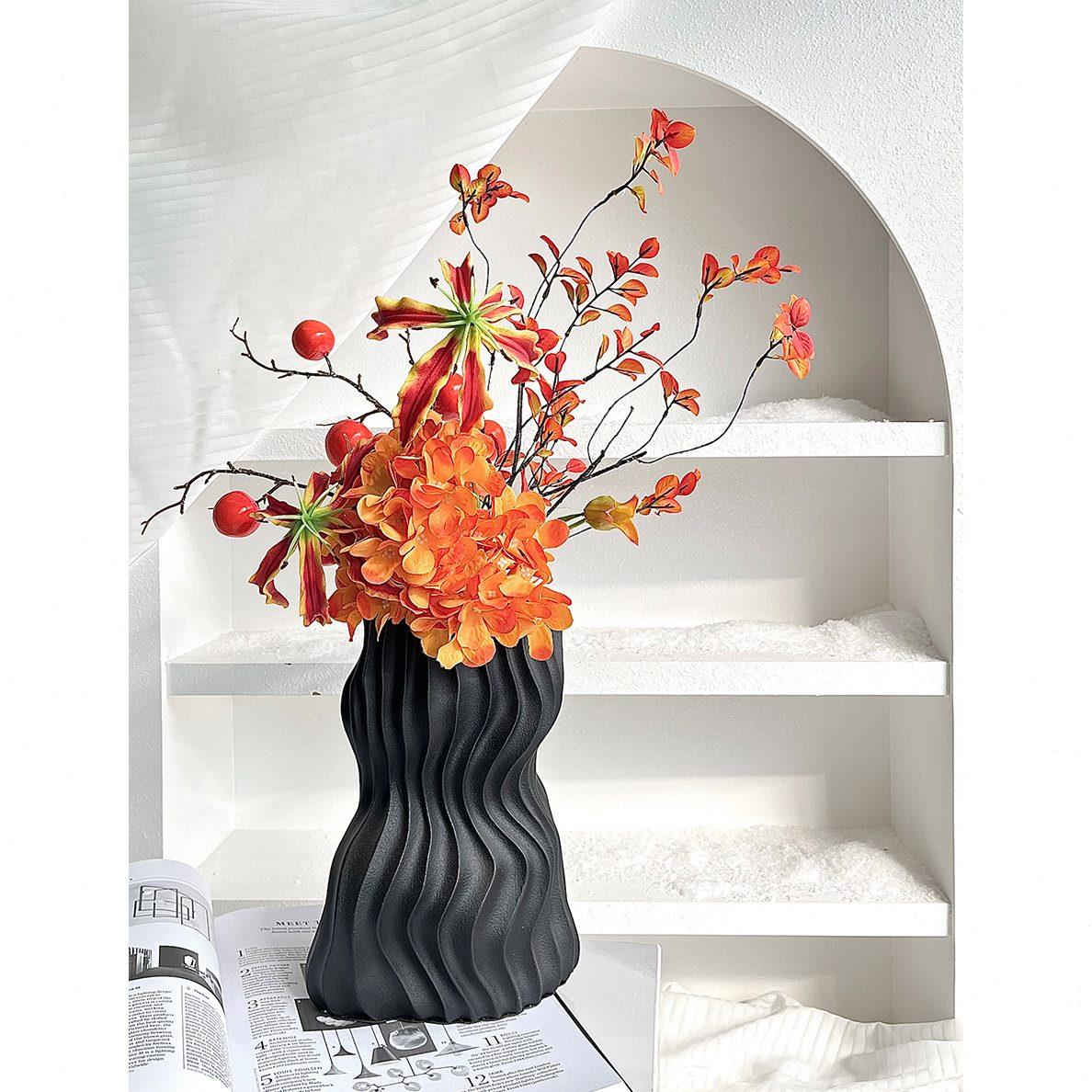 秋家居度餐桌绣球橘色百合密果柿子花艺叶花束客厅电视柜装饰摆件