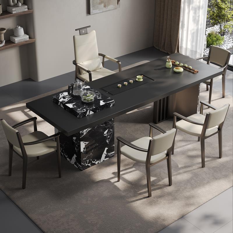 意式轻奢茶桌椅组合现代岩板茶台高级感大板茶台桌一桌五椅办公室