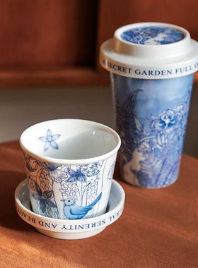 ENDLESS STARS新中式青花陶瓷咖啡杯猪口杯手握杯带盖水杯泡茶杯