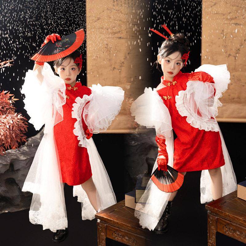 儿童摄影服装剪纸红色新年中国风国潮非遗主题女童新中式旗袍图片